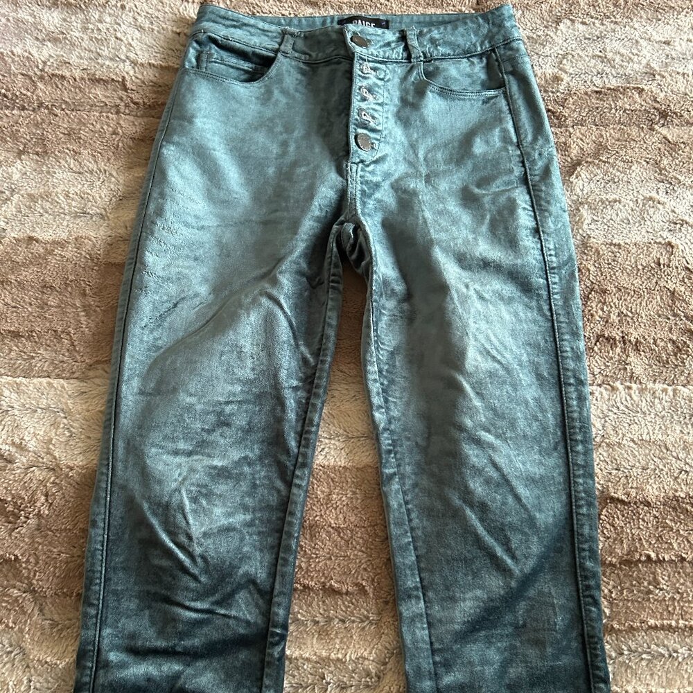 Paige Teal Velvet Button-Up Skinny Jeans